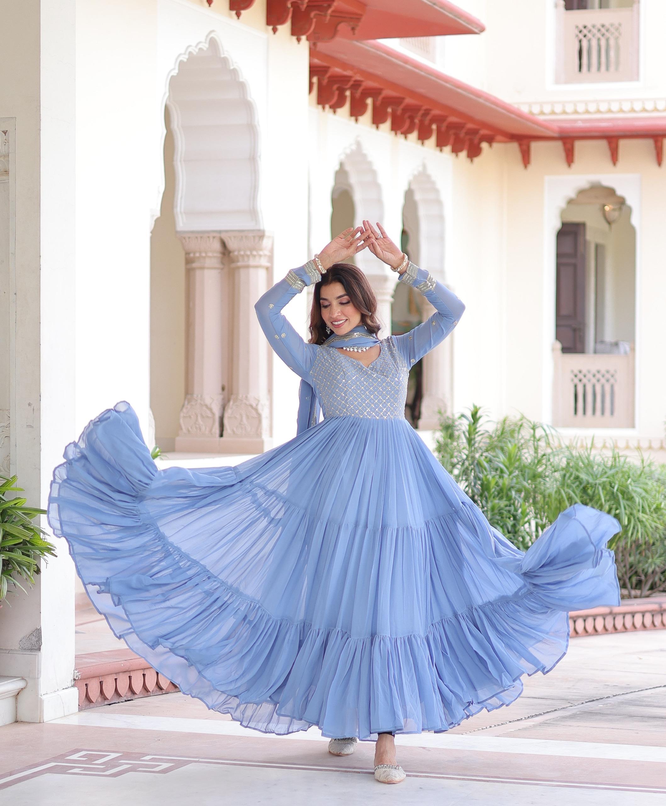 Prazu Fashion Sky Blue Faux Georgette With Sequins & Zari Embroidered Gown With Dupatta