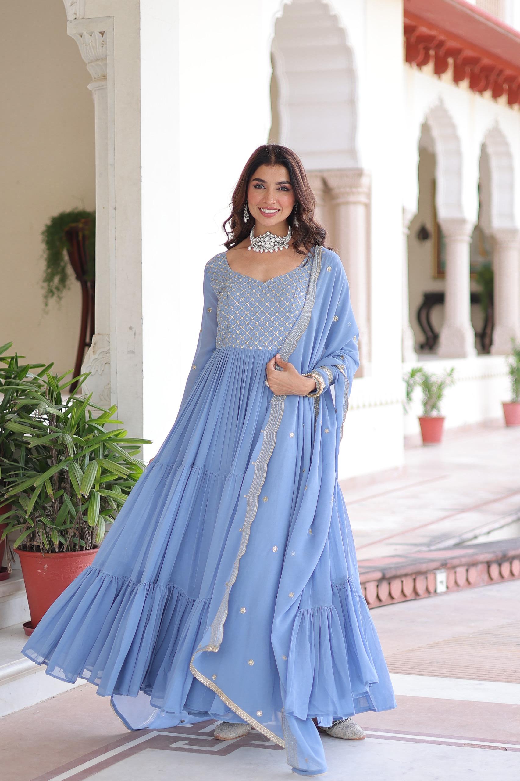 Prazu Fashion Sky Blue Faux Georgette With Sequins & Zari Embroidered Gown With Dupatta