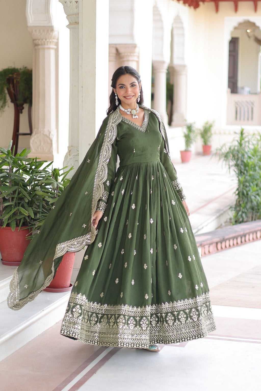 Prazu Fashion Mehendi Vichitra Silk Rich Sequins & Zari Embroidered Gown With Dupatta