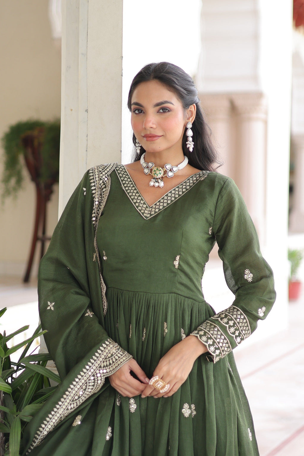 Prazu Fashion Mehendi Vichitra Silk Rich Sequins & Zari Embroidered Gown With Dupatta