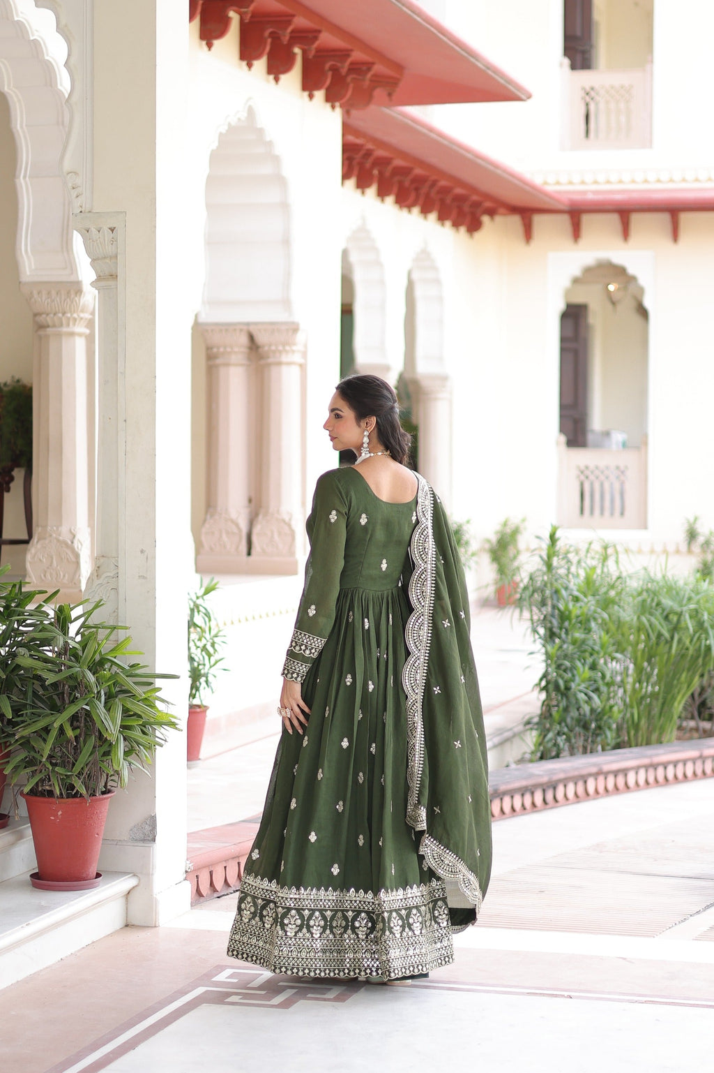 Prazu Fashion Mehendi Vichitra Silk Rich Sequins & Zari Embroidered Gown With Dupatta