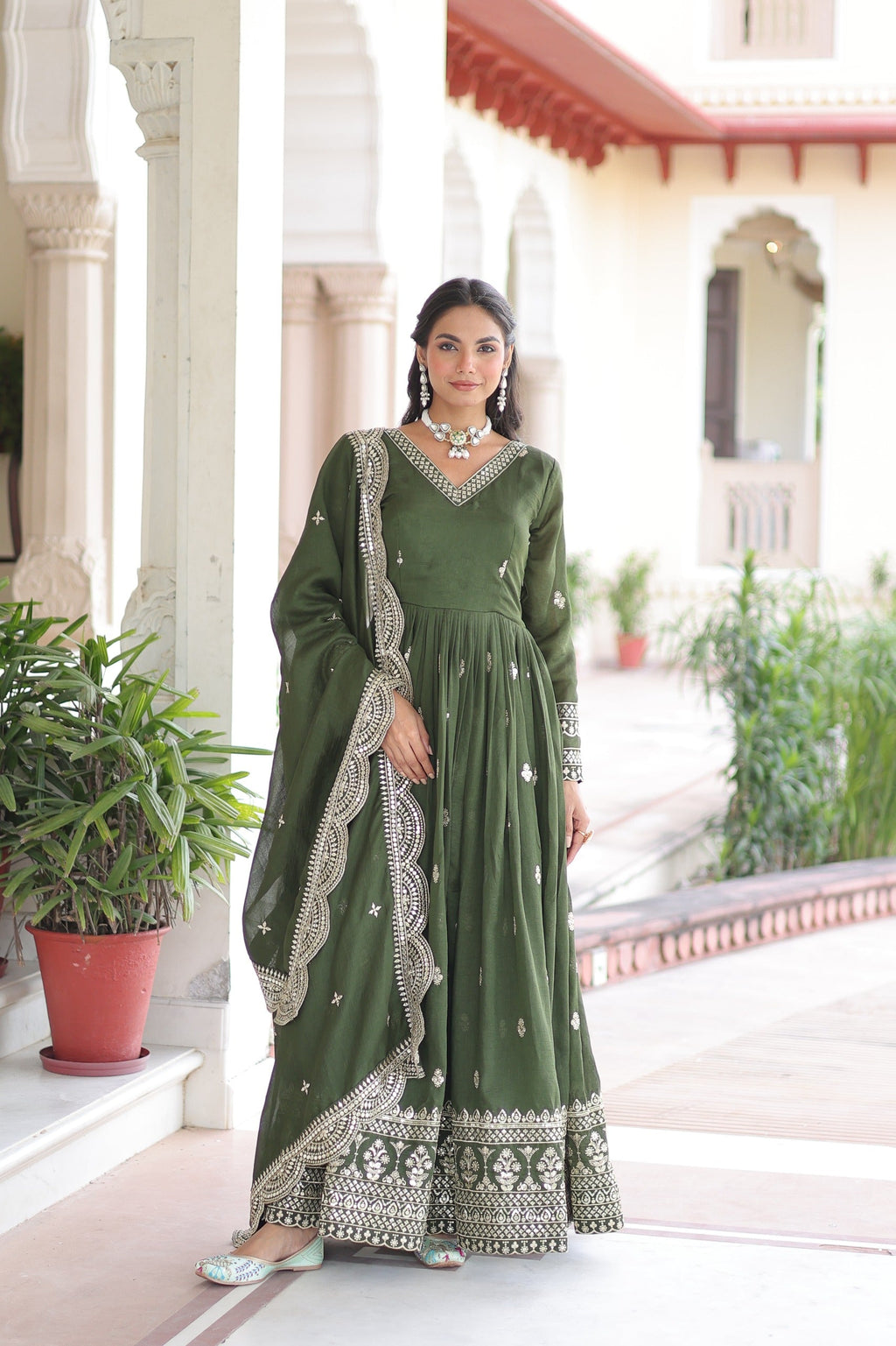Prazu Fashion Mehendi Vichitra Silk Rich Sequins & Zari Embroidered Gown With Dupatta