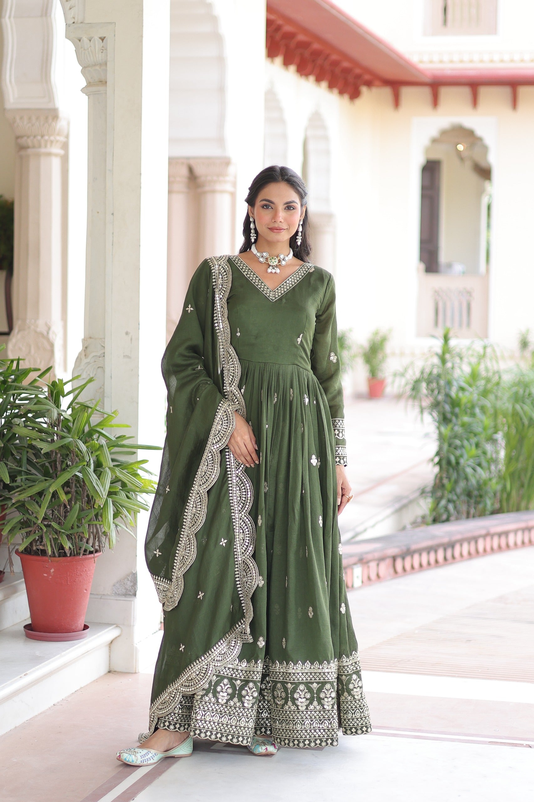 Prazu Fashion Mehendi Vichitra Silk Rich Sequins & Zari Embroidered Gown With Dupatta