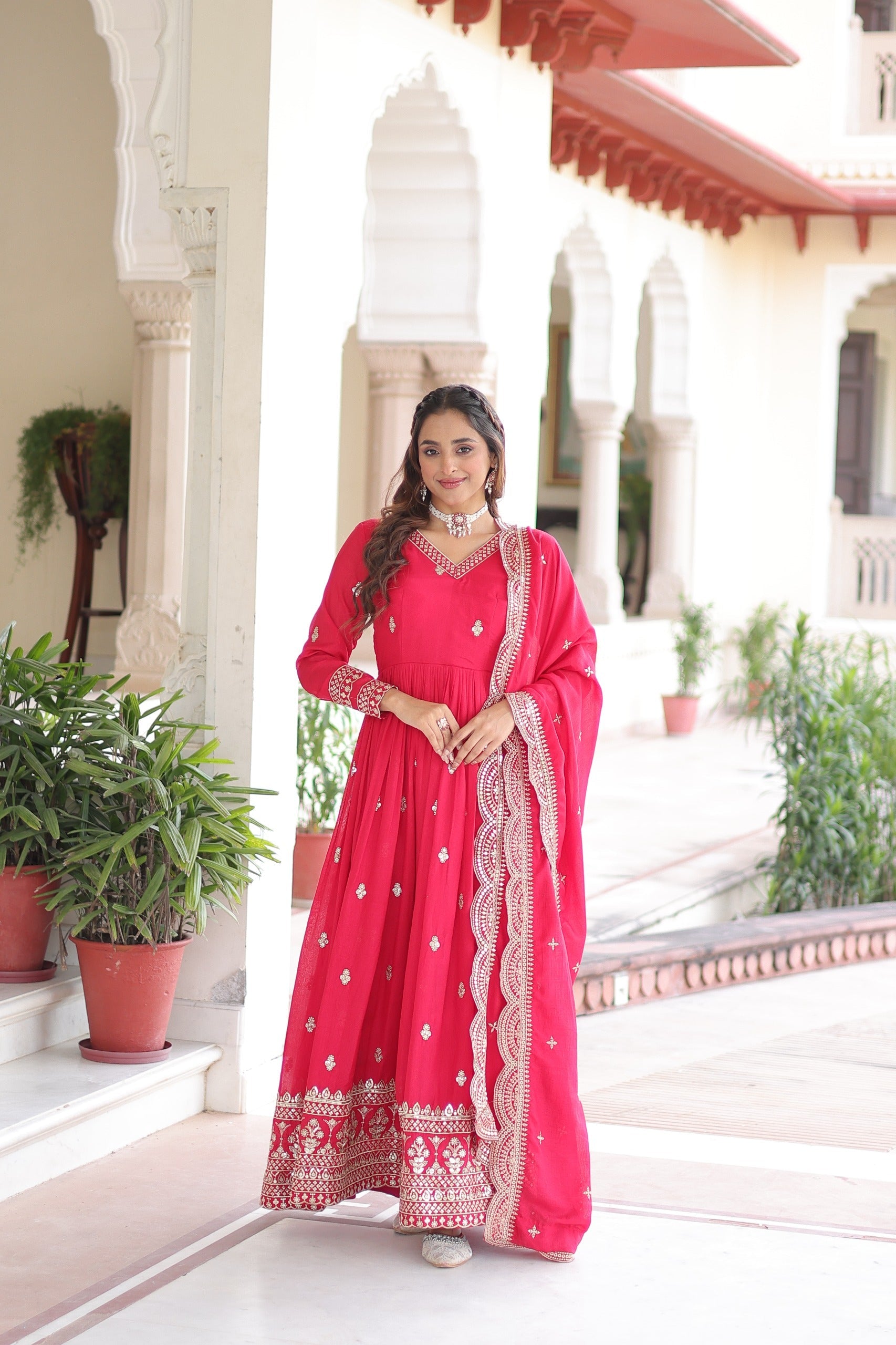 Prazu Fashion Rani Pink Vichitra Silk Rich Sequins & Zari Embroidered Gown With Dupatta