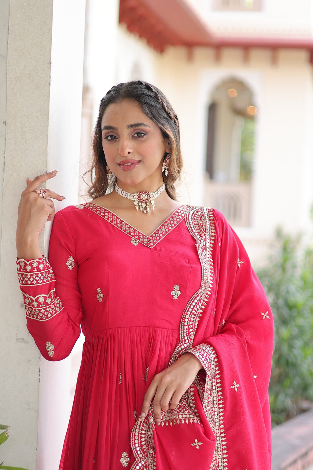 Prazu Fashion Rani Pink Vichitra Silk Rich Sequins & Zari Embroidered Gown With Dupatta