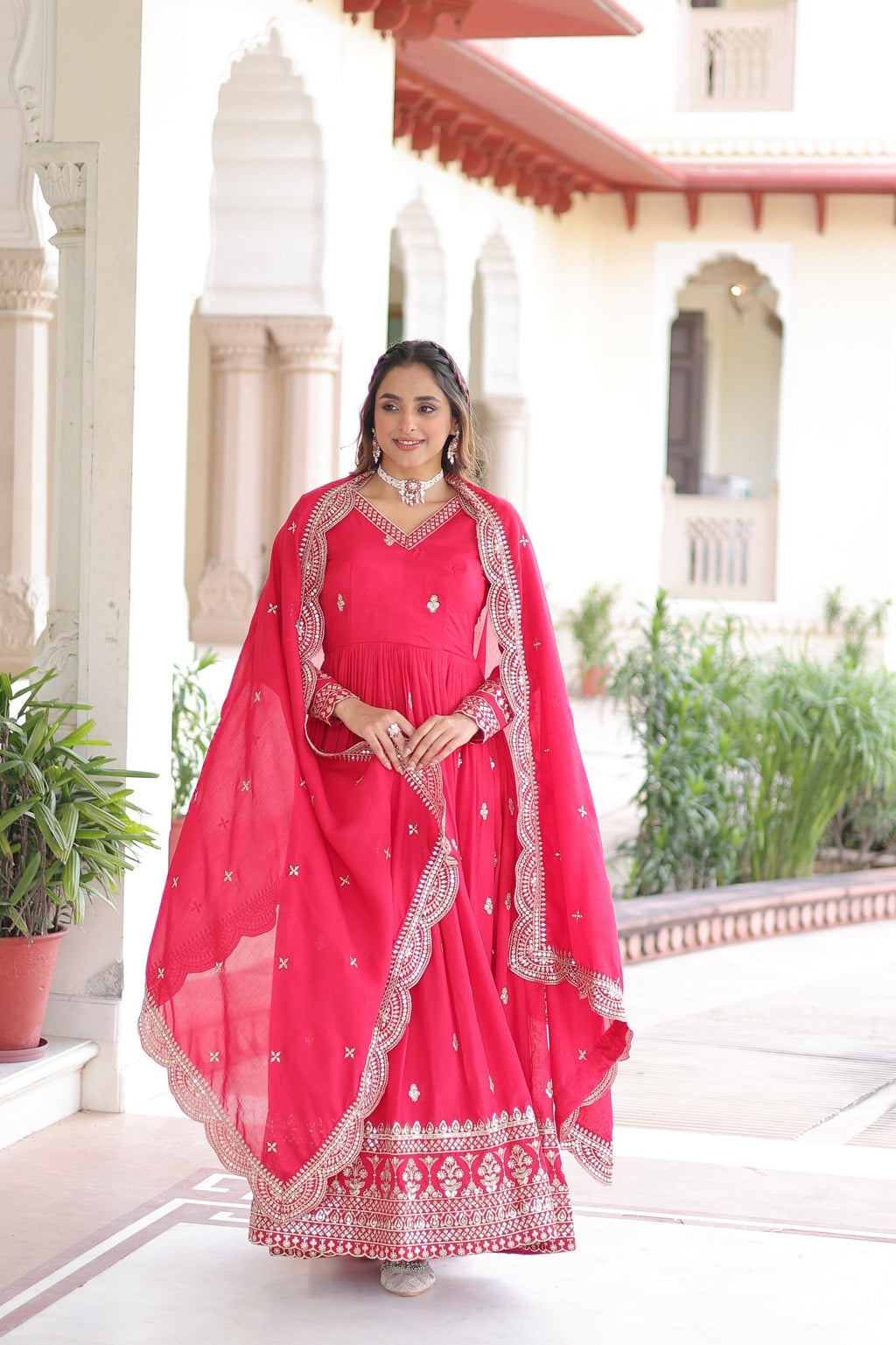 Prazu Fashion Rani Pink Vichitra Silk Rich Sequins & Zari Embroidered Gown With Dupatta