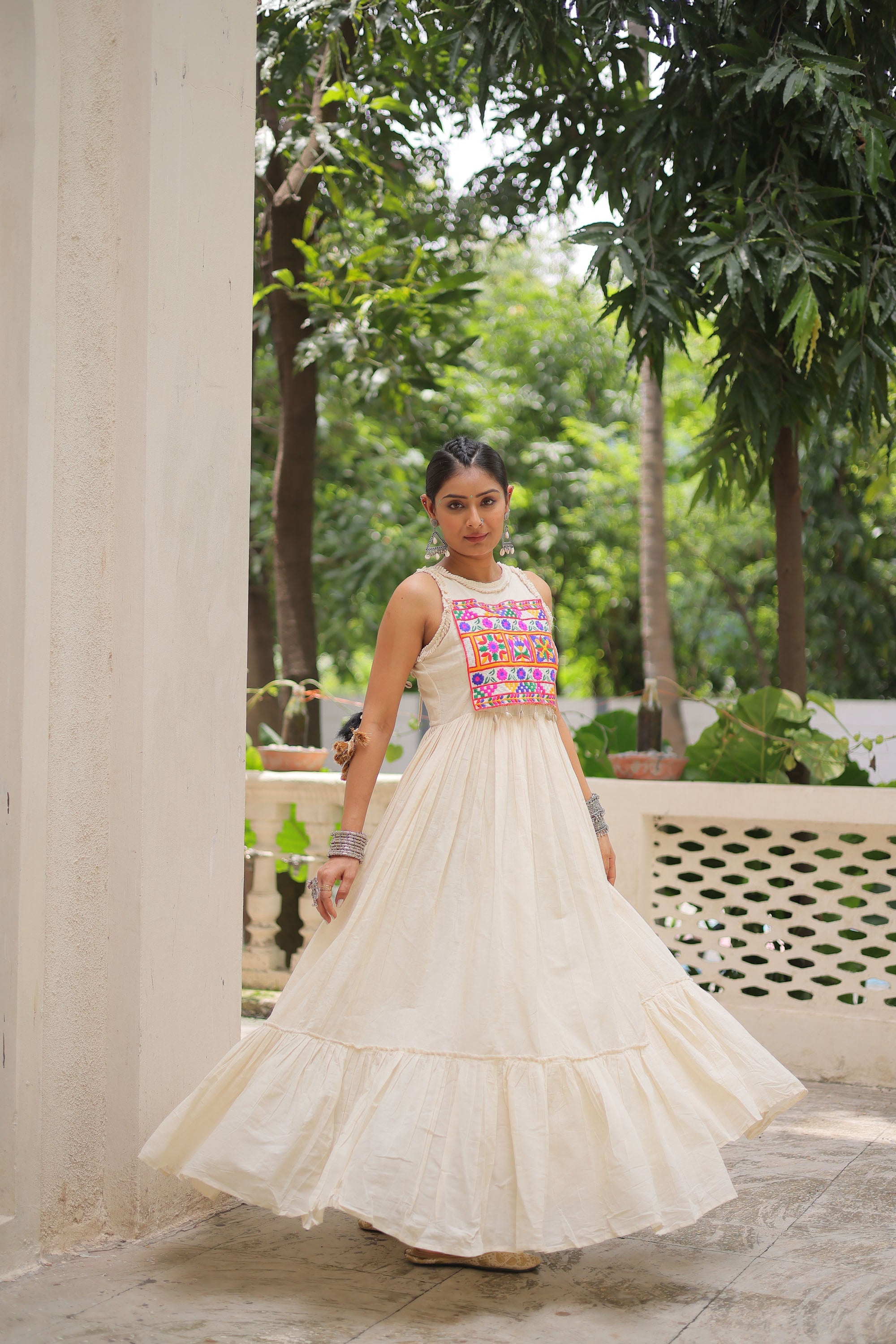 Lorenvalley Fashion Offwhite Kora Cotton with Multi Thread Embroidered Work Gown