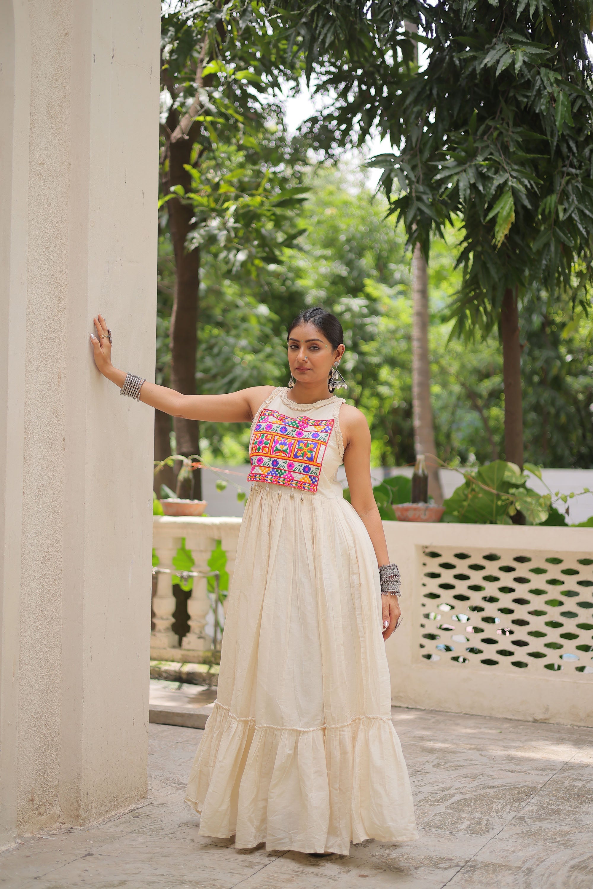 Lorenvalley Fashion Offwhite Kora Cotton with Multi Thread Embroidered Work Gown