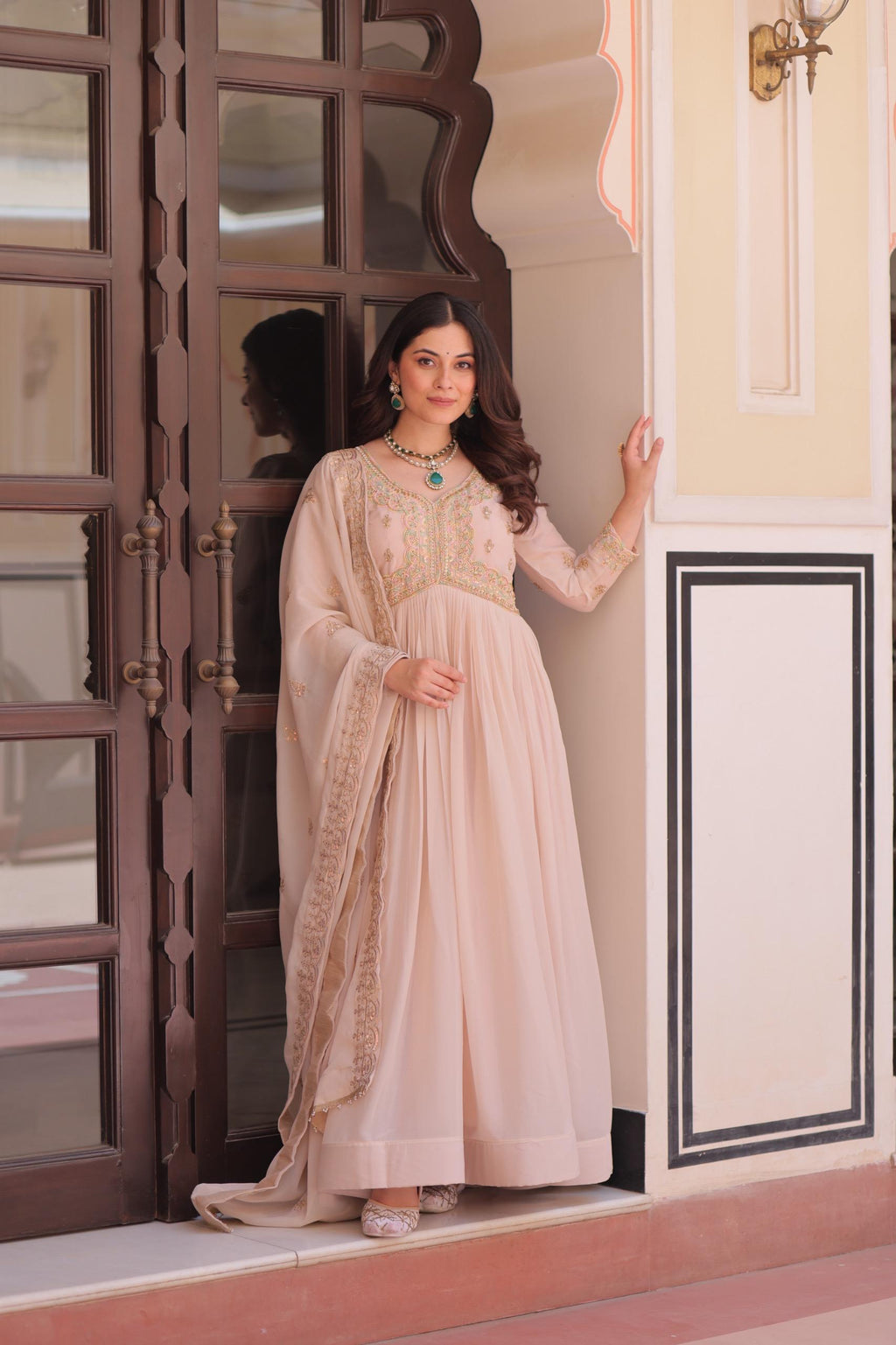 Prazu Fashion Cream Georgette With Beads & Sequins Embroidered Gown With Dupatta