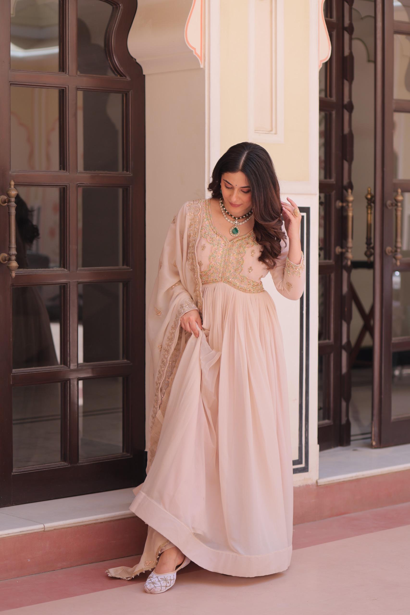 Prazu Fashion Cream Georgette With Beads & Sequins Embroidered Gown With Dupatta