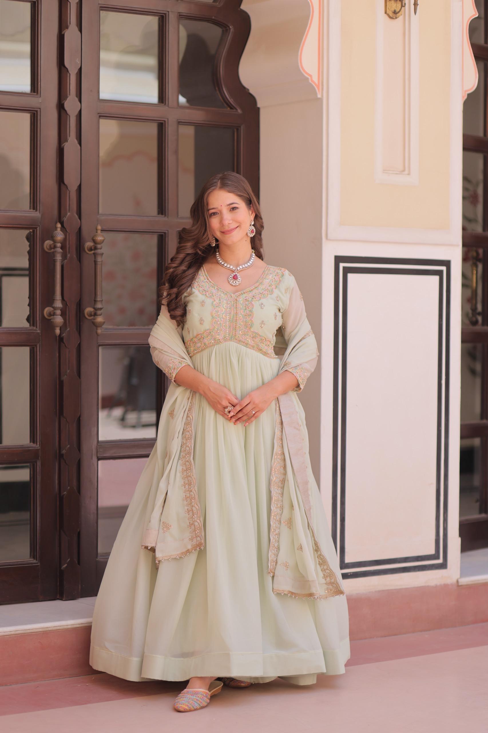 Prazu Fashion Pista Georgette With Beads & Sequins Embroidered Gown With Dupatta