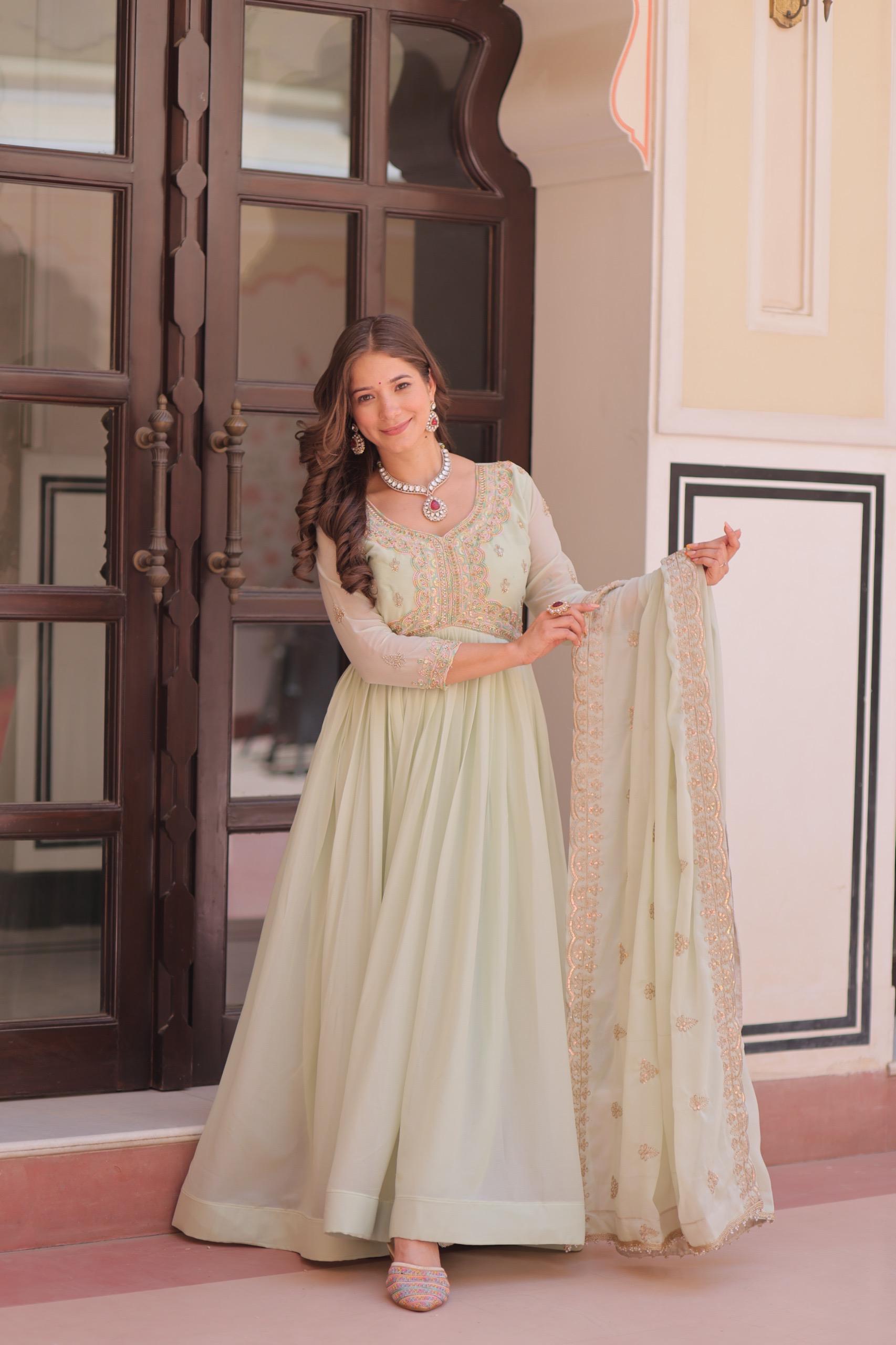 Prazu Fashion Pista Georgette With Beads & Sequins Embroidered Gown With Dupatta