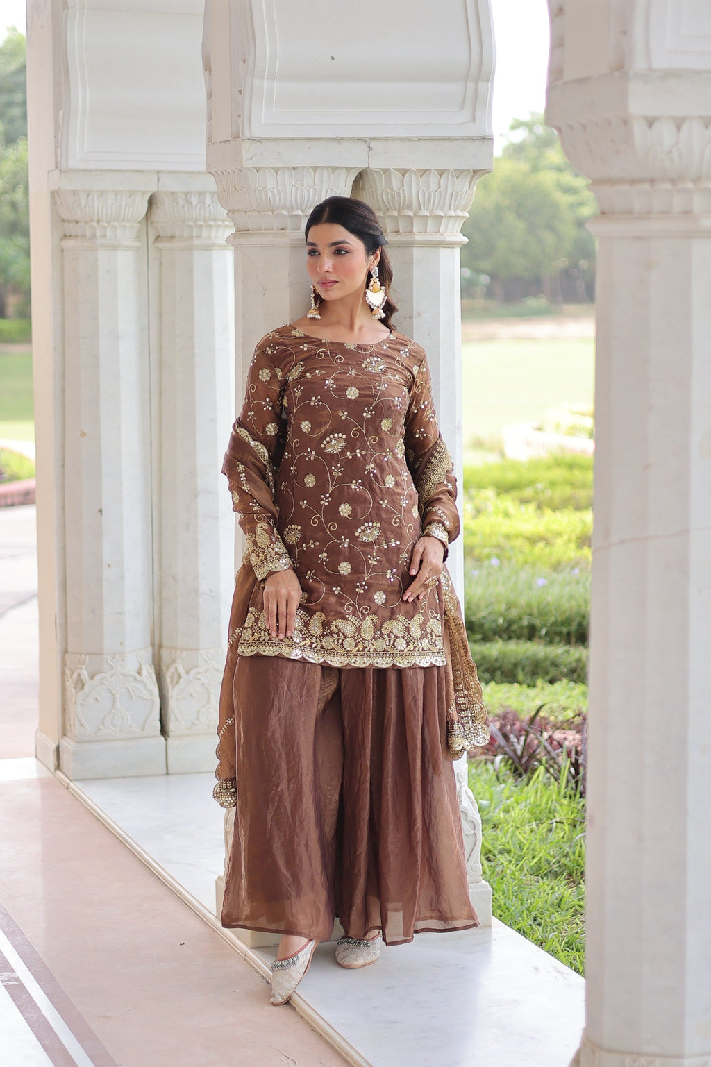 Prazu Fashion Coffee Fendi Silk Sequins & Zari Embroidered Sharara Suit