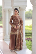 Prazu Fashion Coffee Fendi Silk Sequins & Zari Embroidered Sharara Suit