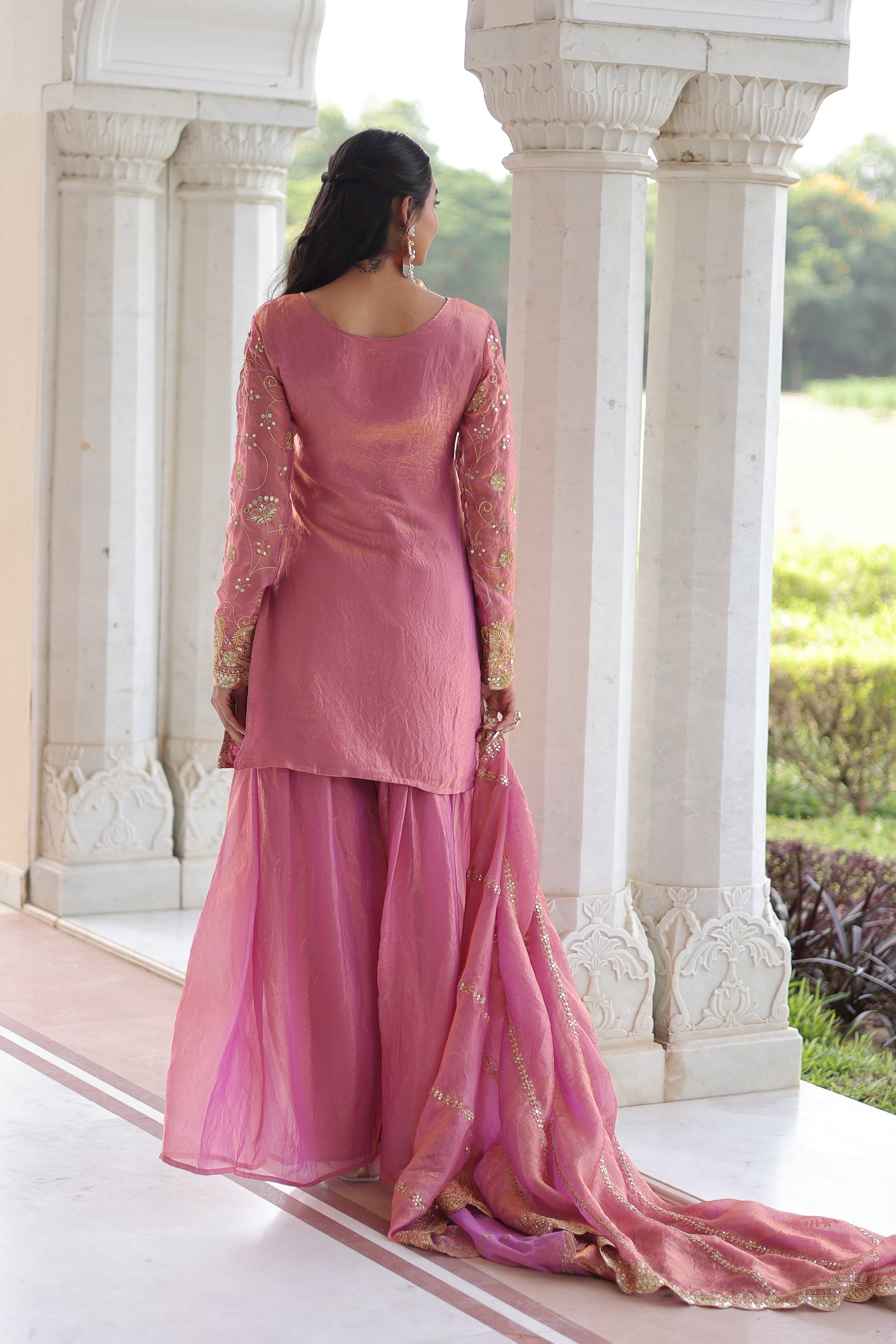 Prazu Fashion Light Pink Fendi Silk Sequins & Zari Embroidered Sharara Suit