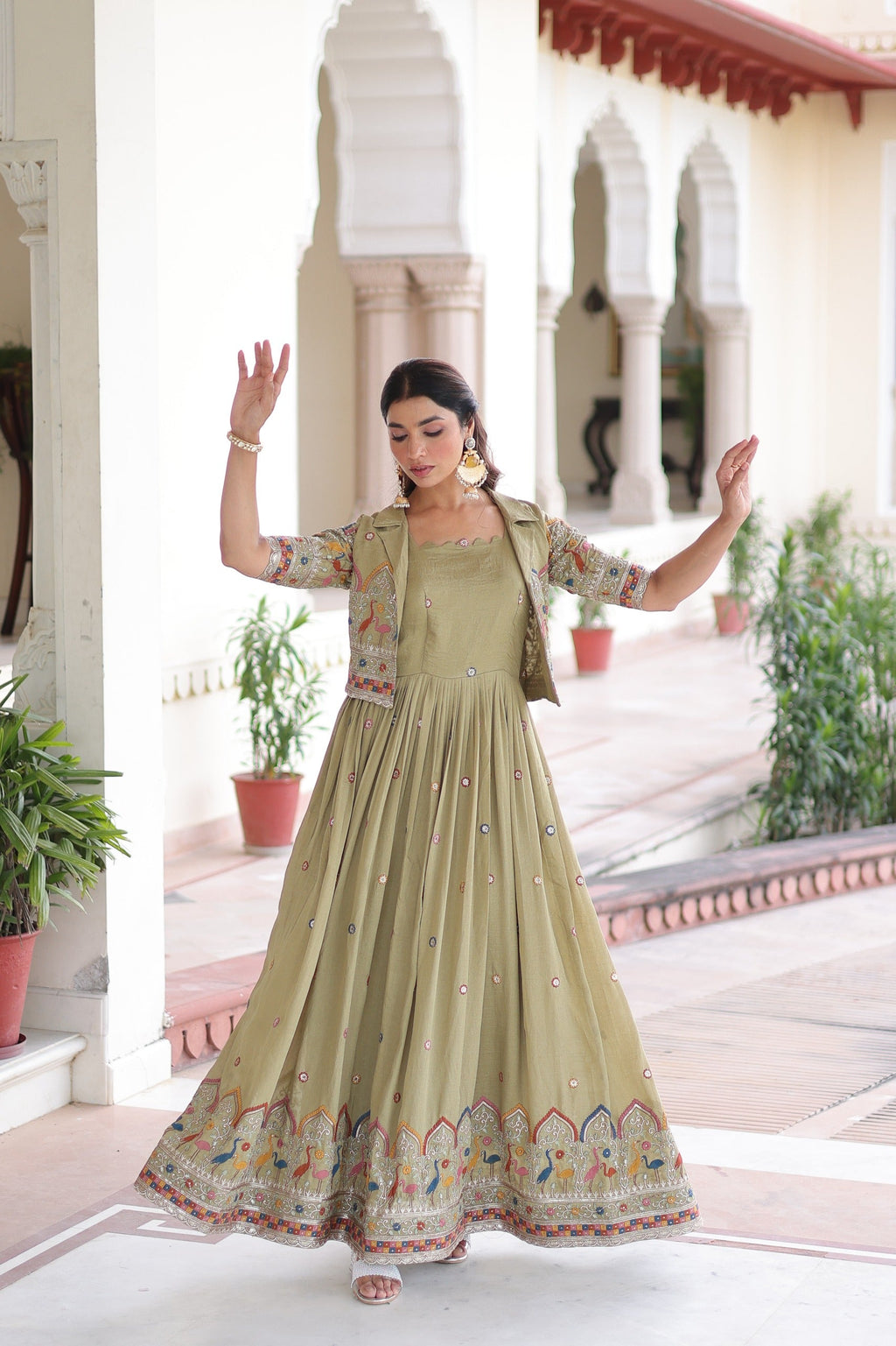 Prazu Fashion Olive Green Vichitra Silk With Sequins, Zari & Thread Gown With Koti