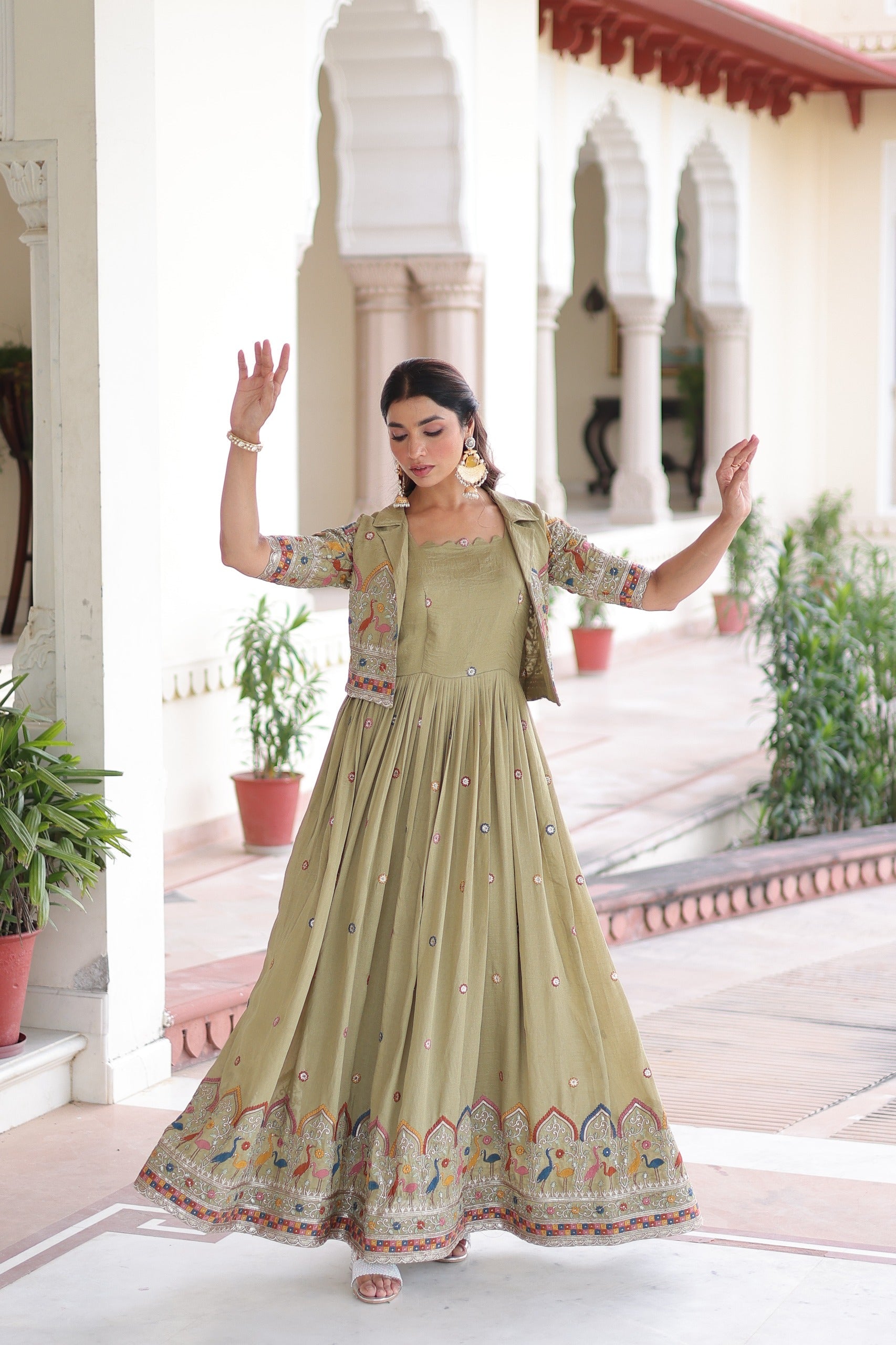 Prazu Fashion Olive Green Vichitra Silk With Sequins, Zari & Thread Gown With Koti