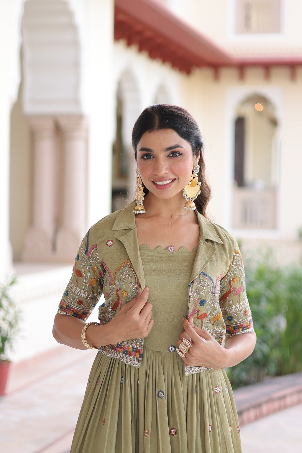 Prazu Fashion Olive Green Vichitra Silk With Sequins, Zari & Thread Gown With Koti