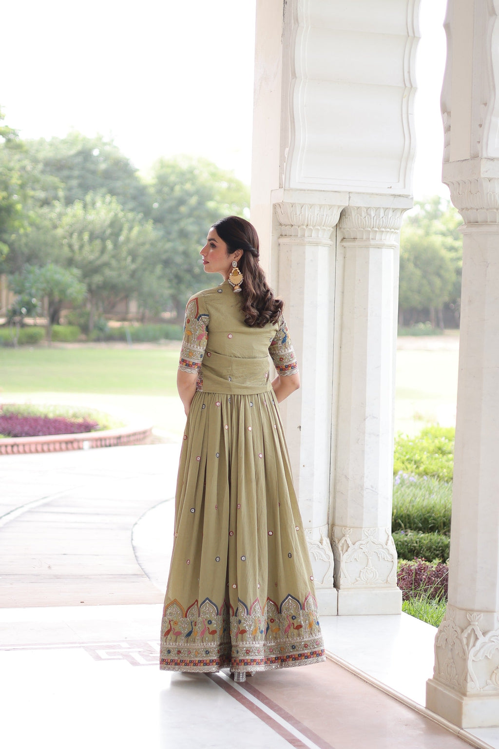 Prazu Fashion Olive Green Vichitra Silk With Sequins, Zari & Thread Gown With Koti