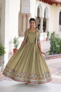 Prazu Fashion Olive Green Vichitra Silk With Sequins, Zari & Thread Gown With Koti
