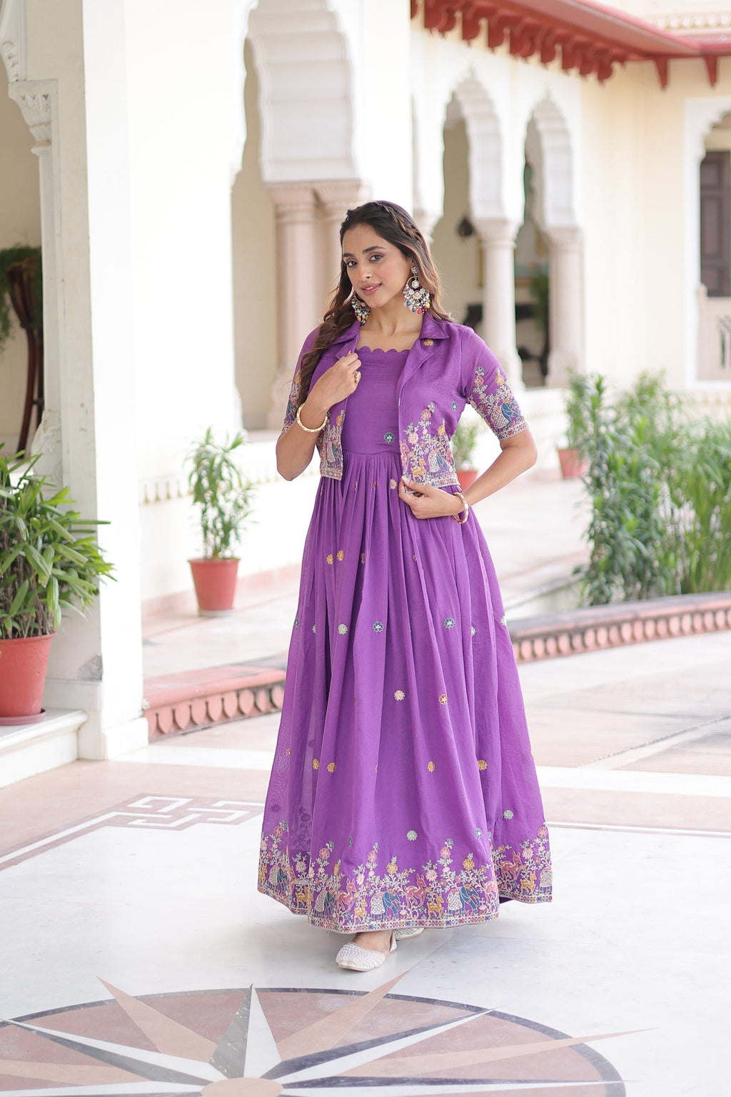 Prazu Fashion Purple Vichitra Silk With Sequins, Zari & Thread Gown With Koti