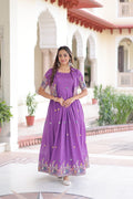 Prazu Fashion Purple Vichitra Silk With Sequins, Zari & Thread Gown With Koti