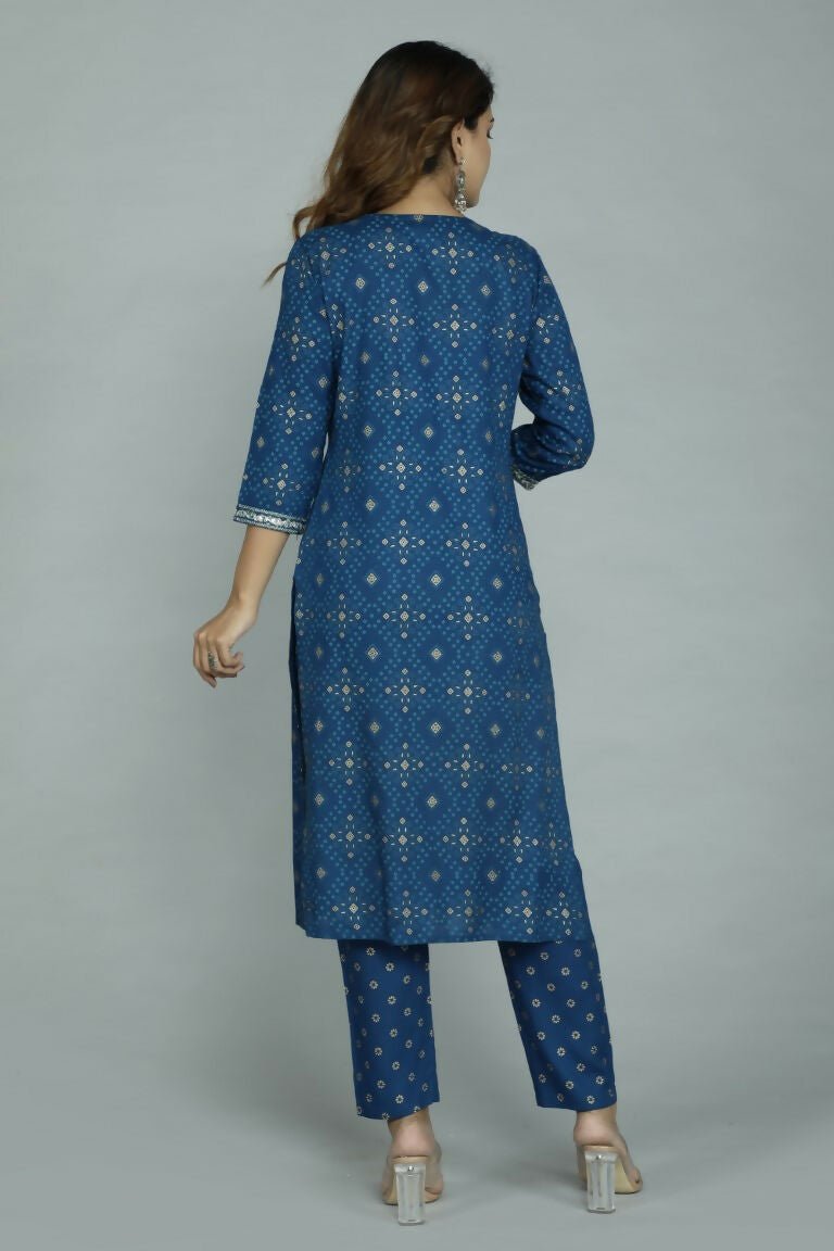 Alvano Printed Sequence Kurti with Pant and Dupatta set Rayon (Blue)
