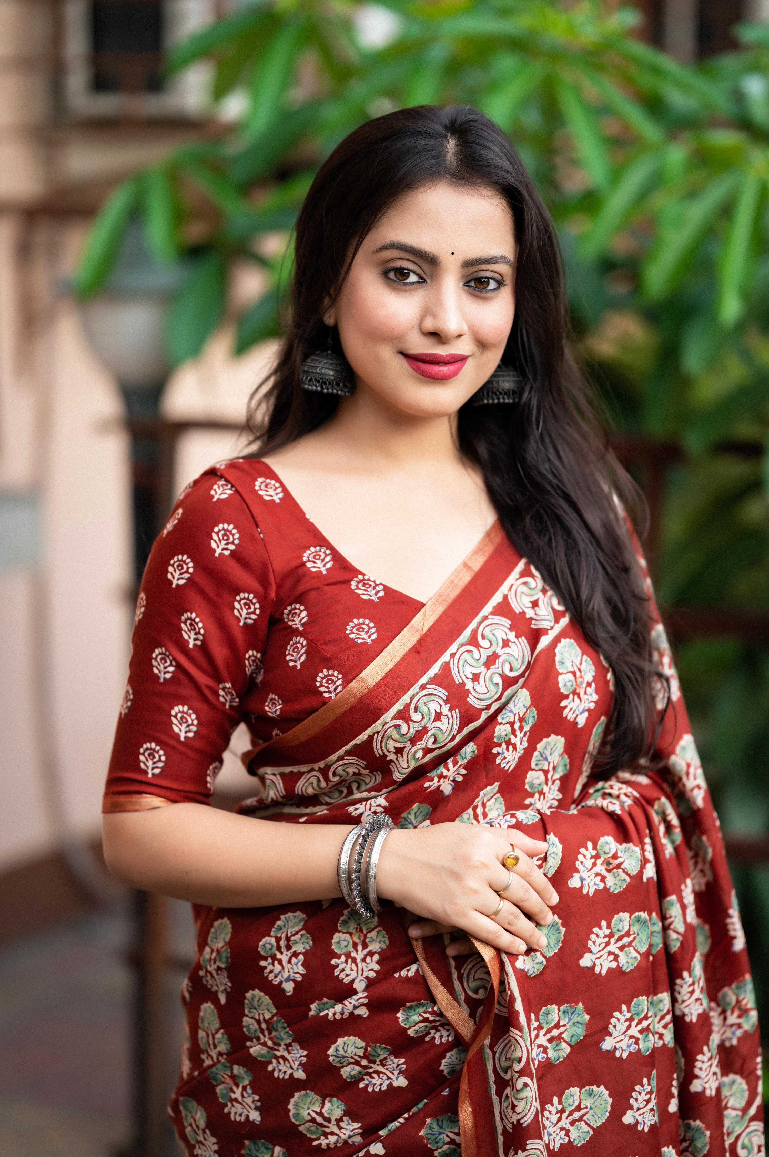 Red Cotton Blend Ajrak Saree with Unstitched Blouse - Hiral Fashion
