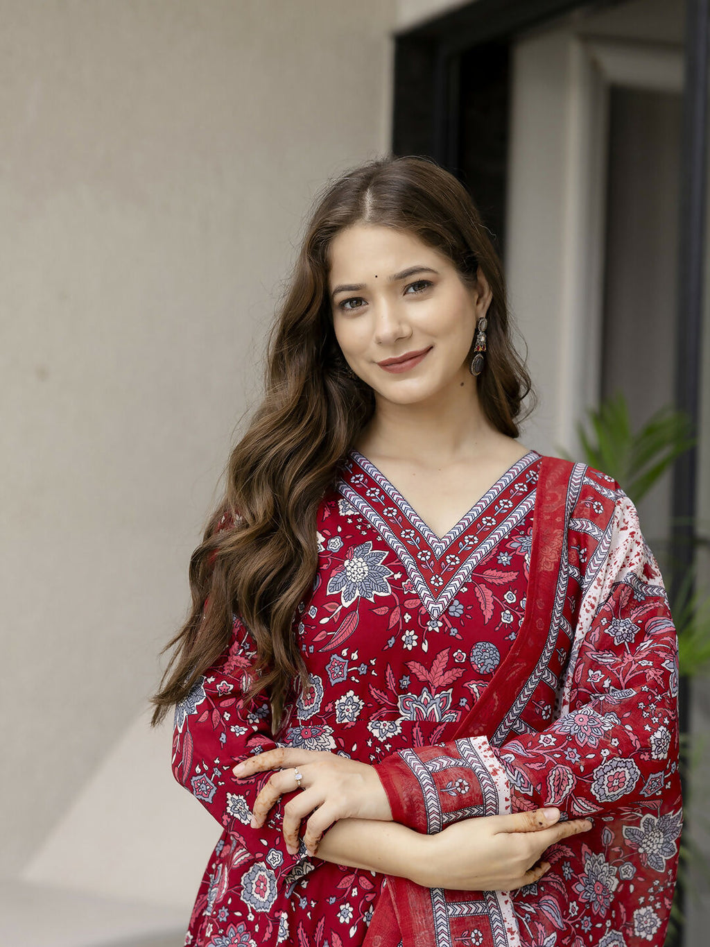 The52 Maroon Women's Gorgeous Rayon Fabric Printed Work Flared Kurta, Pant and Dupatta Set