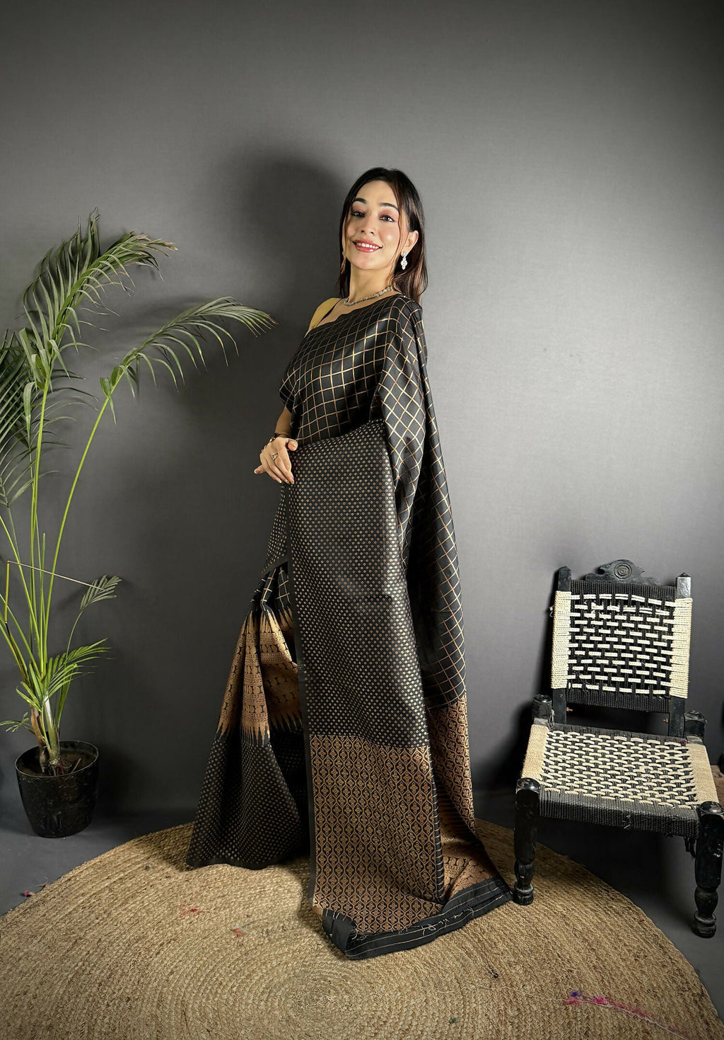 Joban Fashion Black Banarasi Soft Lichi Silk Checks & Woven Saree