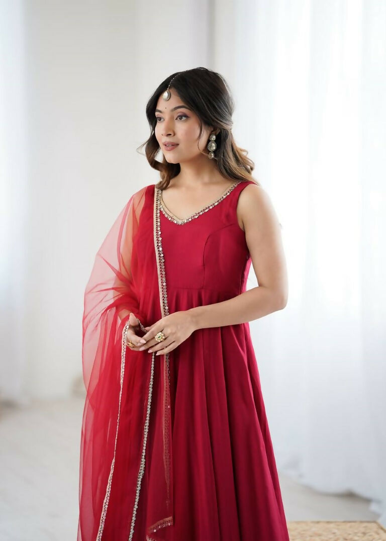 Teeya Creation Maroon Color Pure Roman Silk Mirror Lace Party Wear Gown