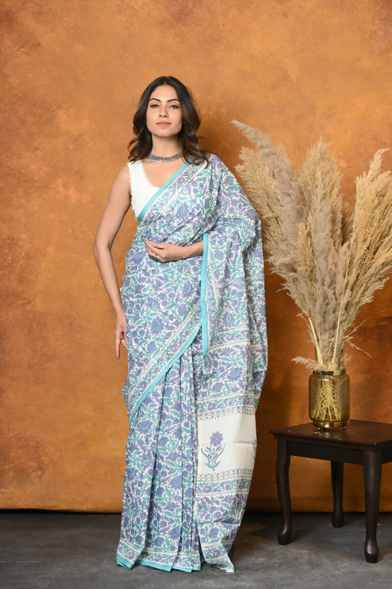 Very Much Indian Handblock Printed Cotton Saree With Natural Dyes - White