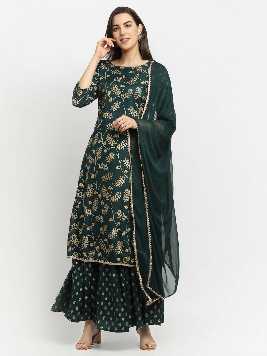 Rudra Bazaar Green Gold Printed Straight Kurta with Gold Printed Skirt & Dupatta