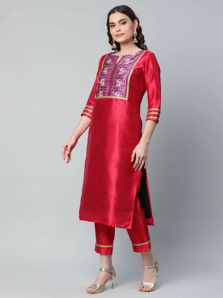 Ahalyaa Womens Red Art Silk Printed Kurta Pant Set