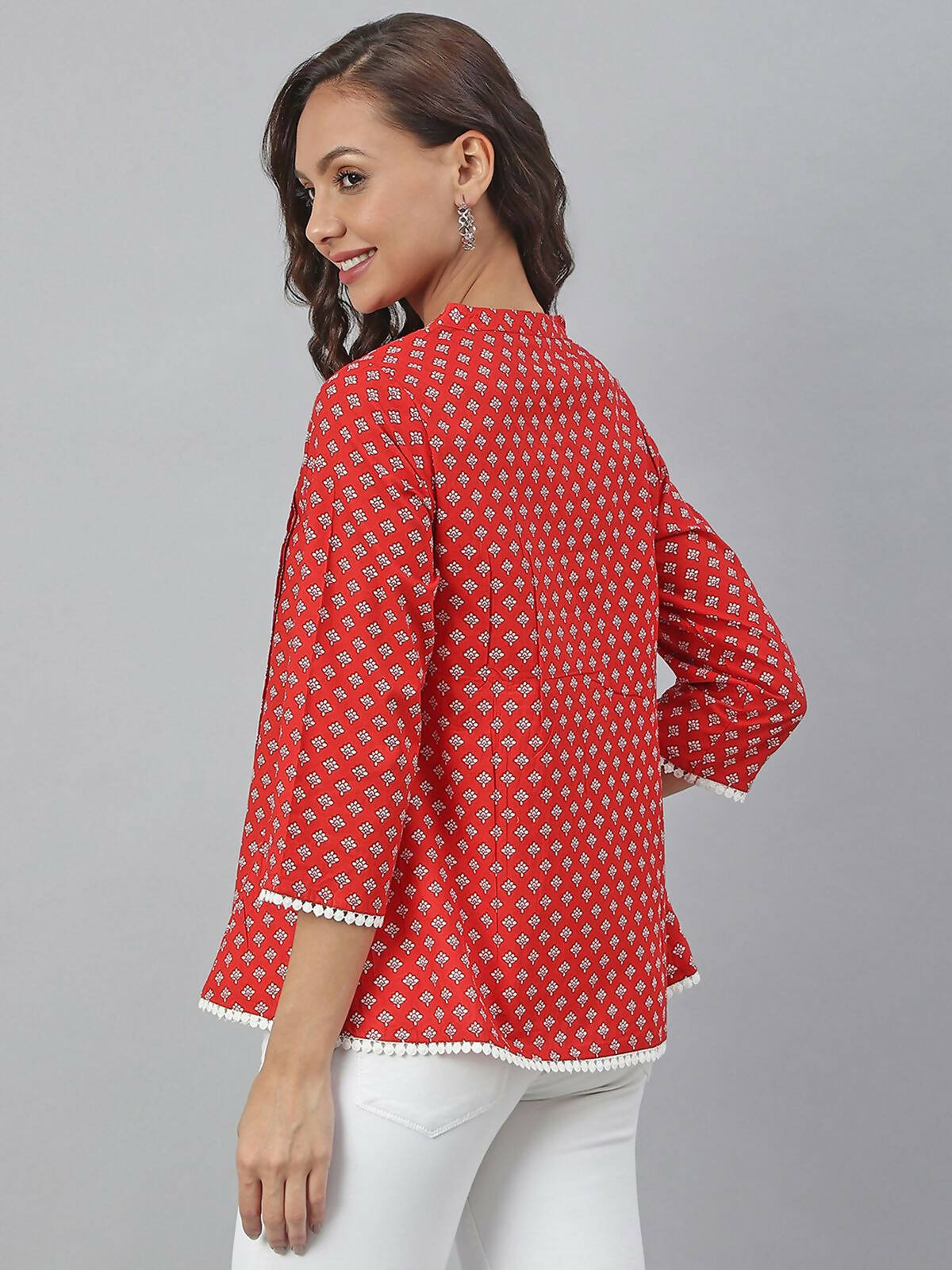 Janasya Women's Red Cotton Floral Print Flared Top