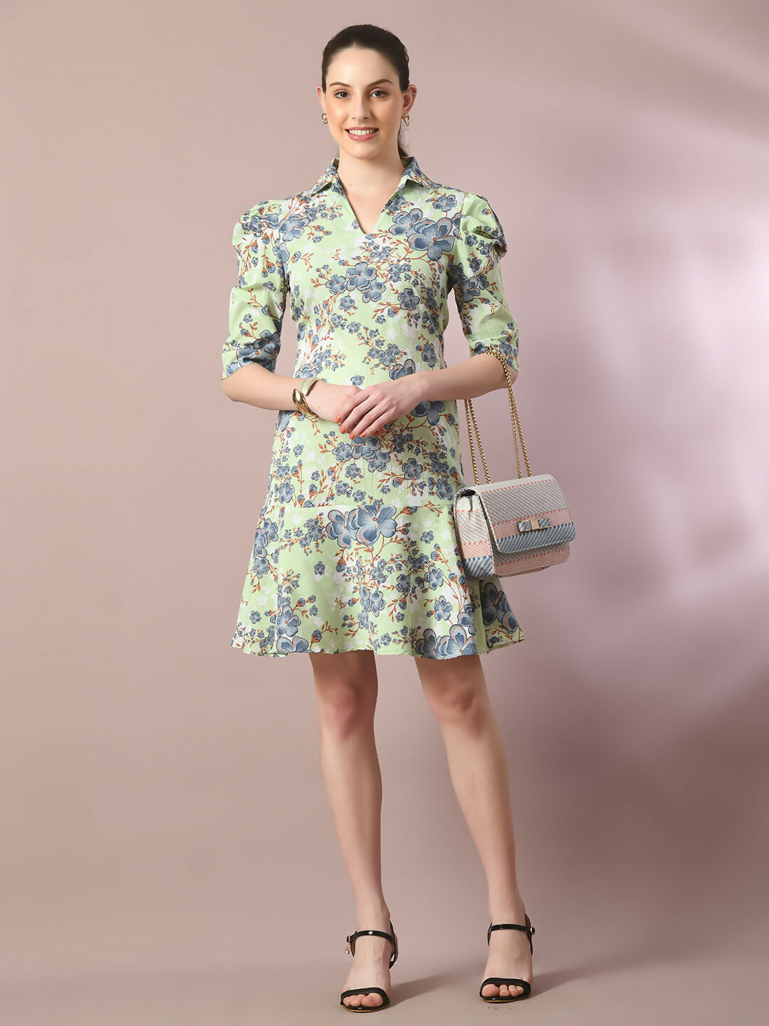 Myshka Women's Green Printed Shirt Collar Fit and Flare Party Dress