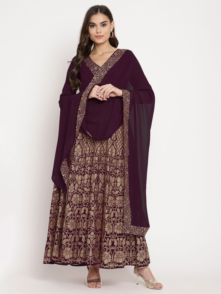 Ahalyaa Women's Wine Georgette Gold Foil Print Flared Kurta With Dupatta