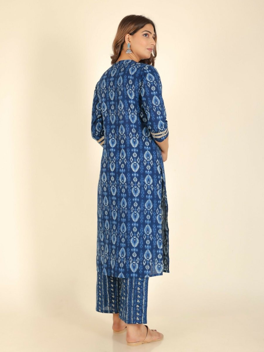 Aramya Straight Soft Cotton Ikat Print Women's Kurta Set - Blue