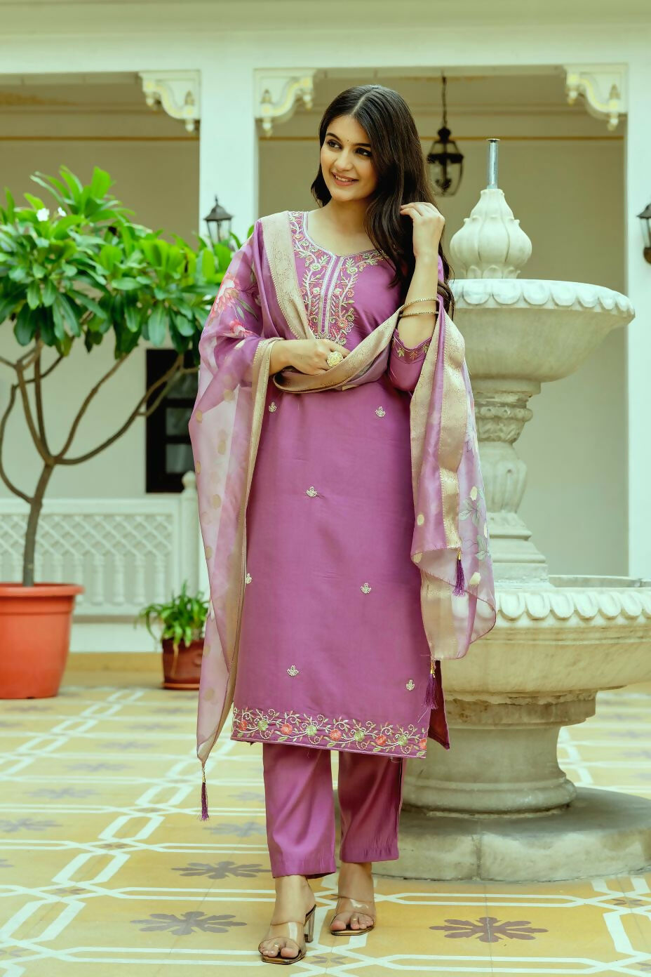 The52 Purple Women's Beautiful Embroidered Viscose Chanderi Silk Fabric with Straight Kurta, Pant and Dupatta Set