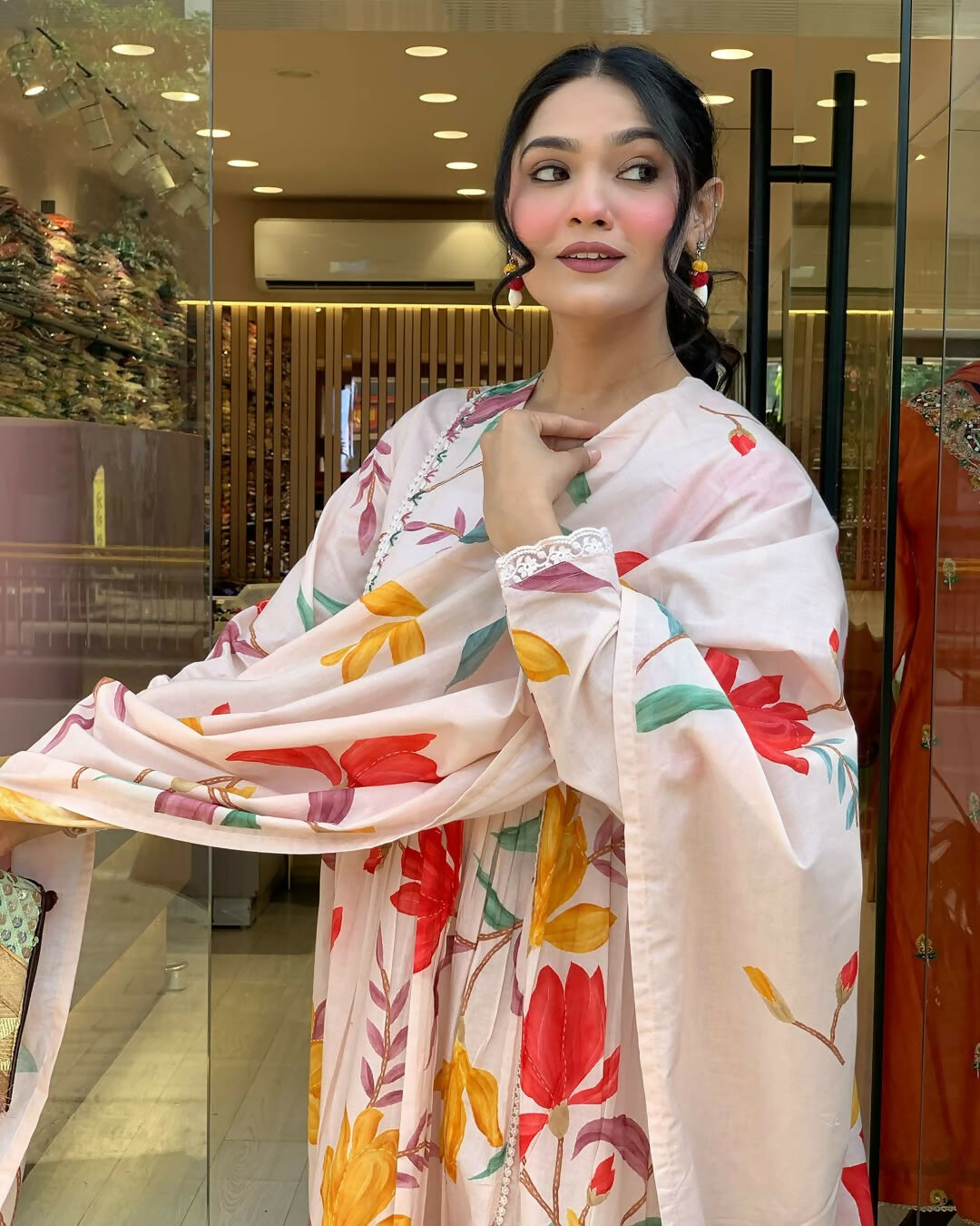 The52 Peach Women's Gorgeous Cotton Fabric Printed Work Straight Kurta Pant and Dupatta Set