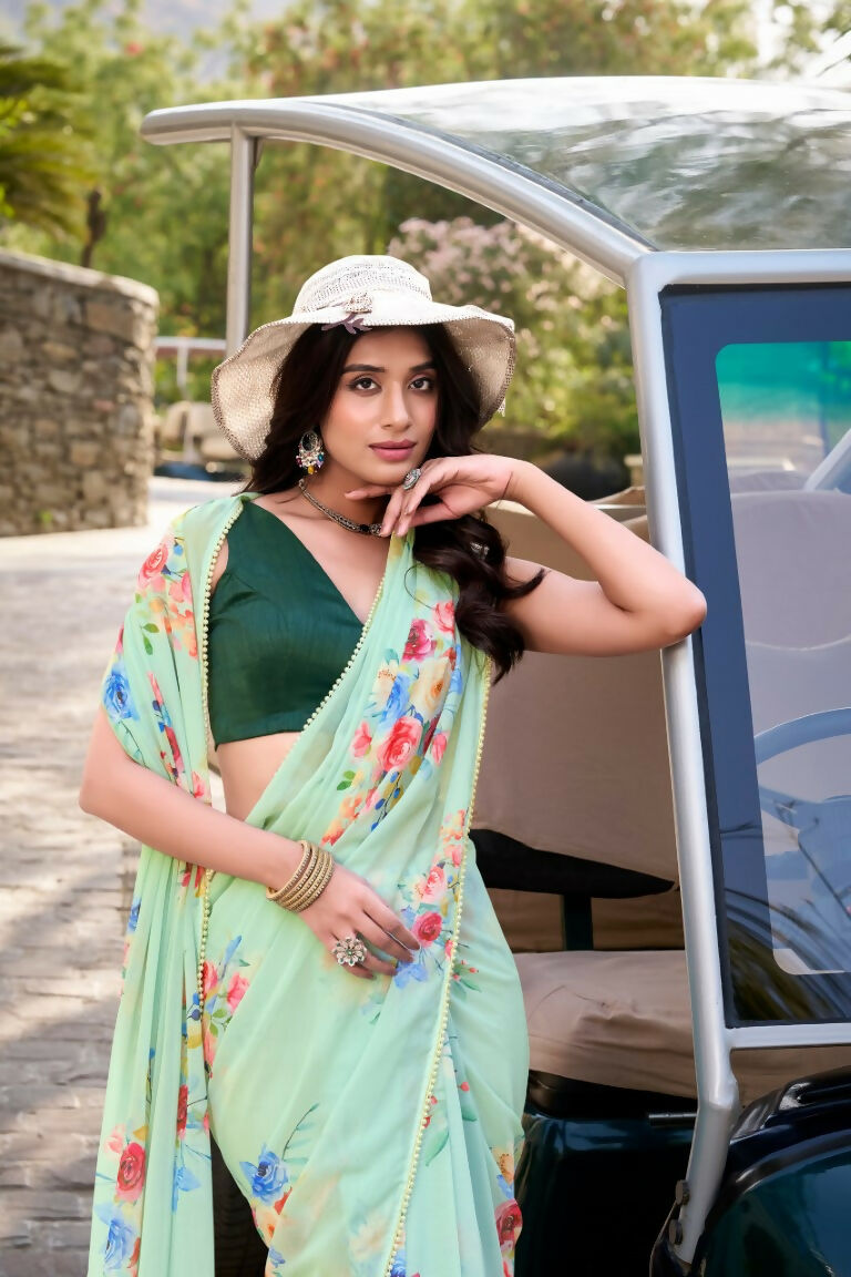 Vastranavya Pista Weightless Marble Printed & Pearl Lace Border Saree with Unstitched Blouse