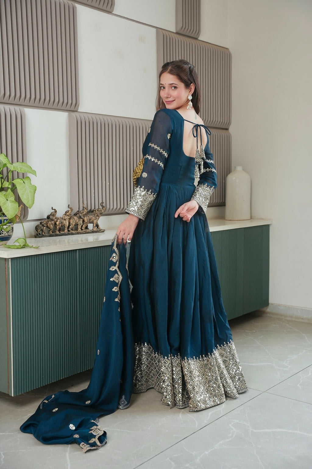 Teeya Creation Teal Color Heavy Crush Silk Wedding Wear Embroidery Work Long Gown