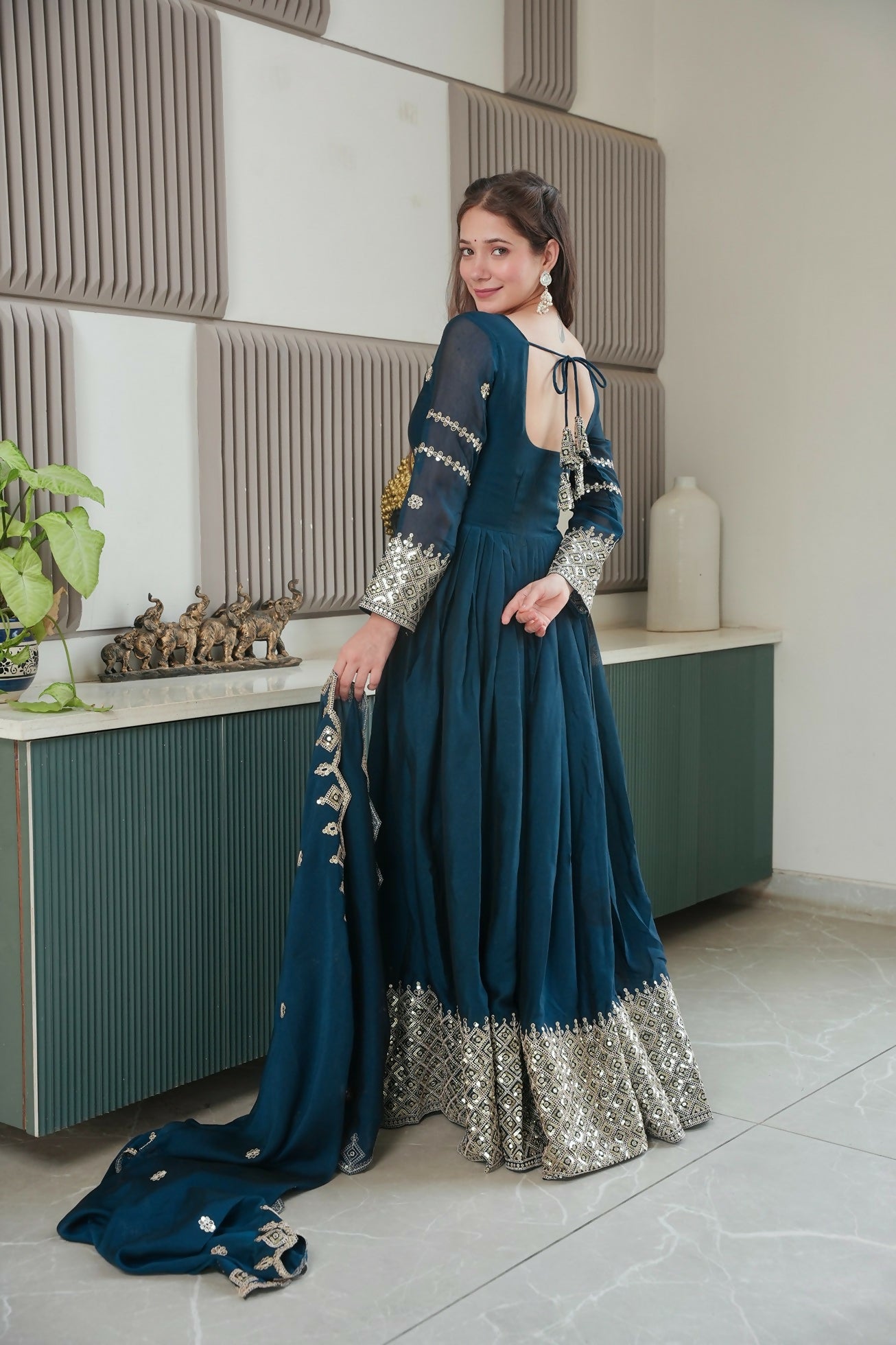 Teeya Creation Teal Color Heavy Crush Silk Wedding Wear Embroidery Work Long Gown