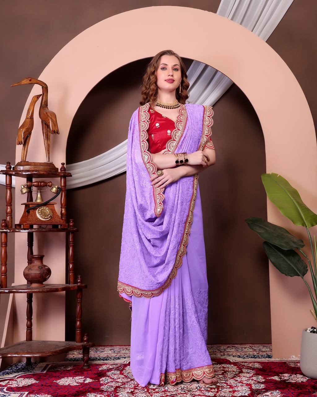 Teeya Creation Lavender Color Georgette Fabric Chikankari Work Saree