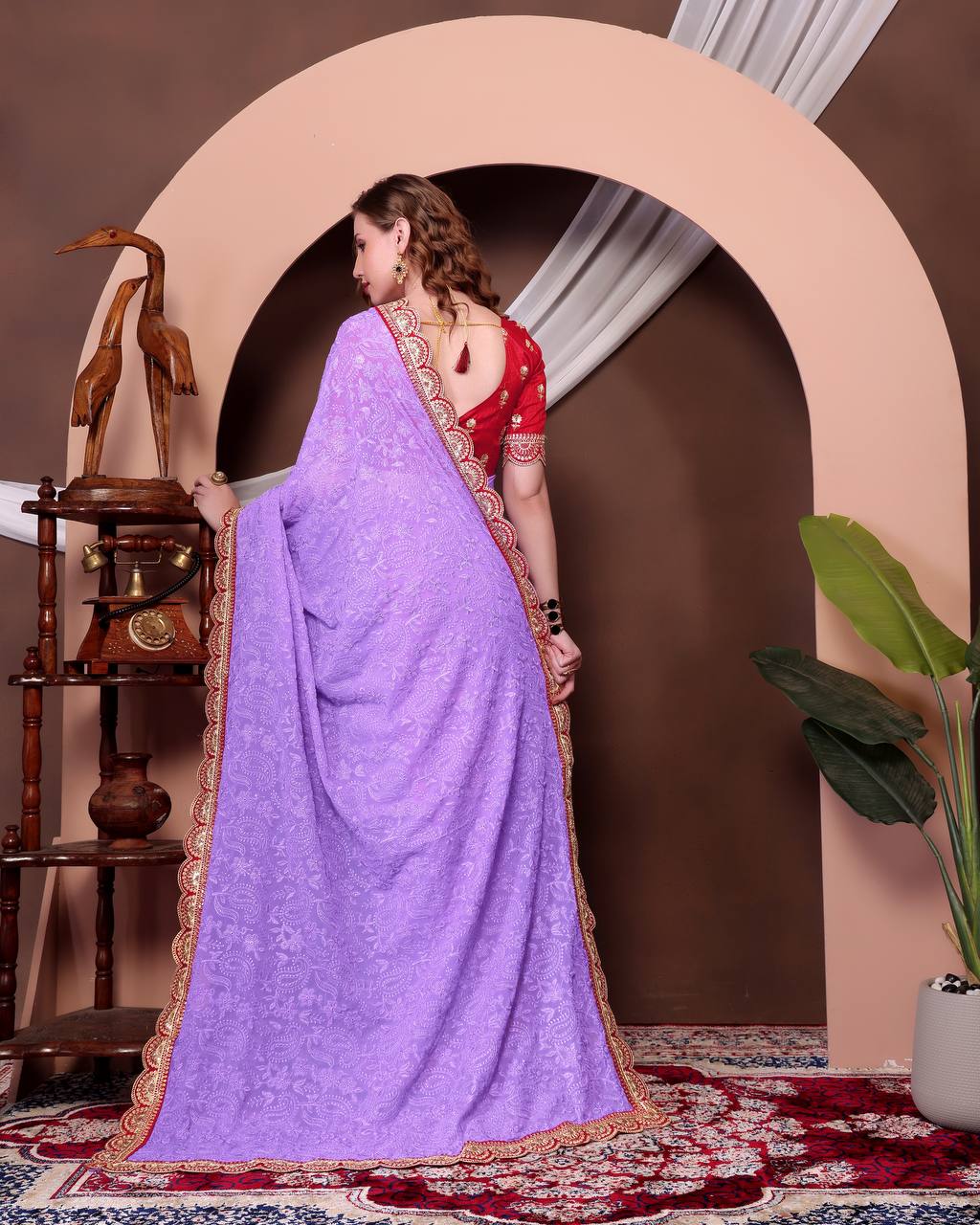 Teeya Creation Lavender Color Georgette Fabric Chikankari Work Saree