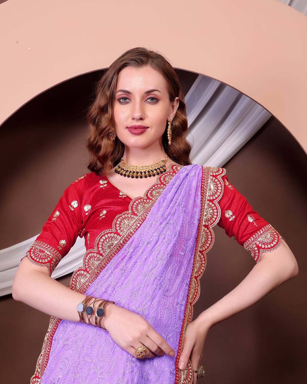 Teeya Creation Lavender Color Georgette Fabric Chikankari Work Saree