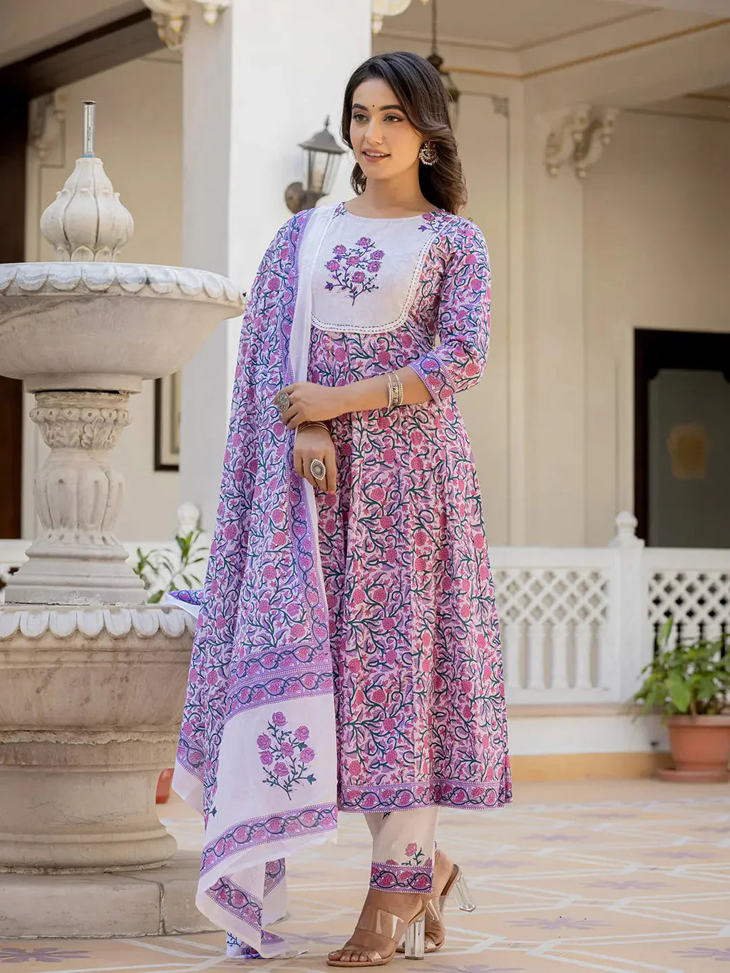 Yufta Lavender Ethnic Motifs Cotton Dupatta Set