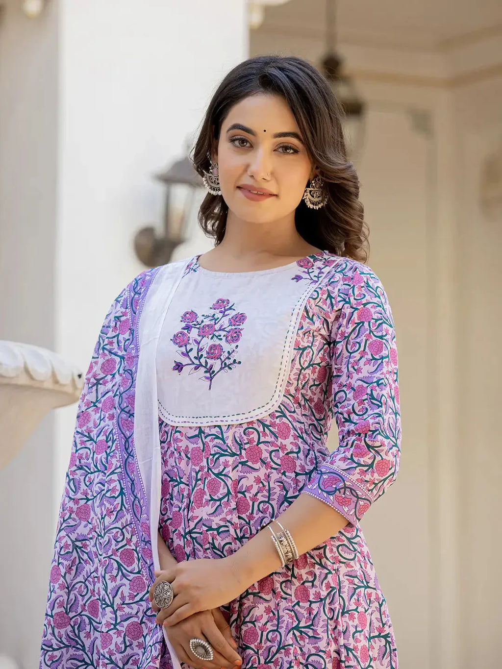 Yufta Lavender Ethnic Motifs Cotton Dupatta Set