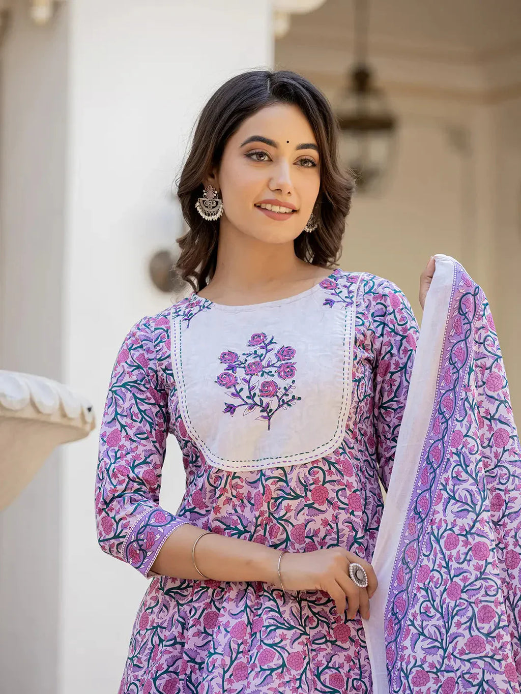 Yufta Lavender Ethnic Motifs Cotton Dupatta Set