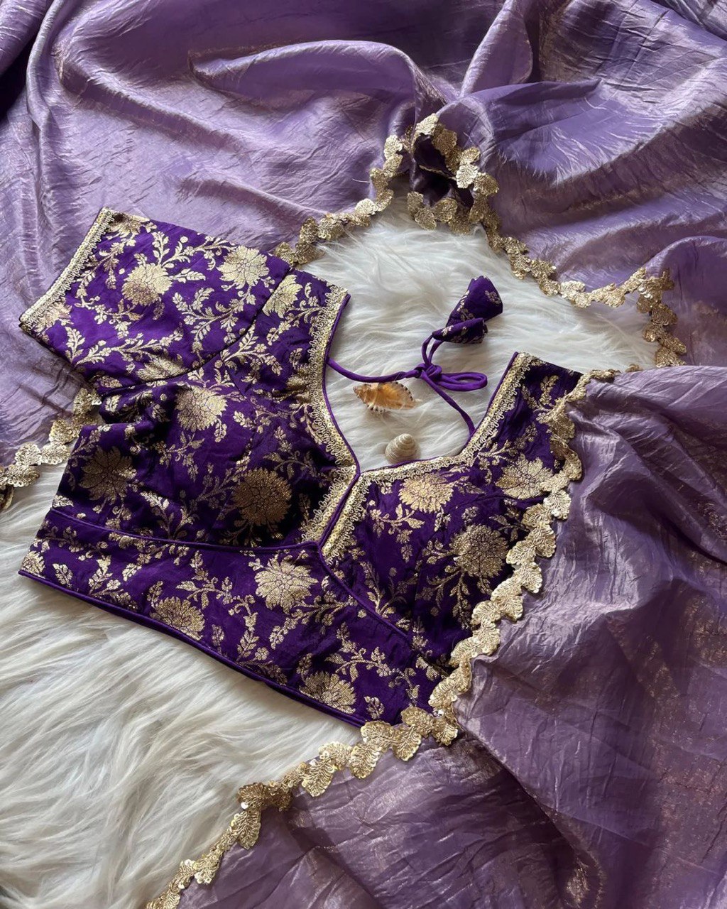 Lorenvalley Fashion Premium Lavender Tissue Crush Saree with Jacquard Weaving Stitched Blouse